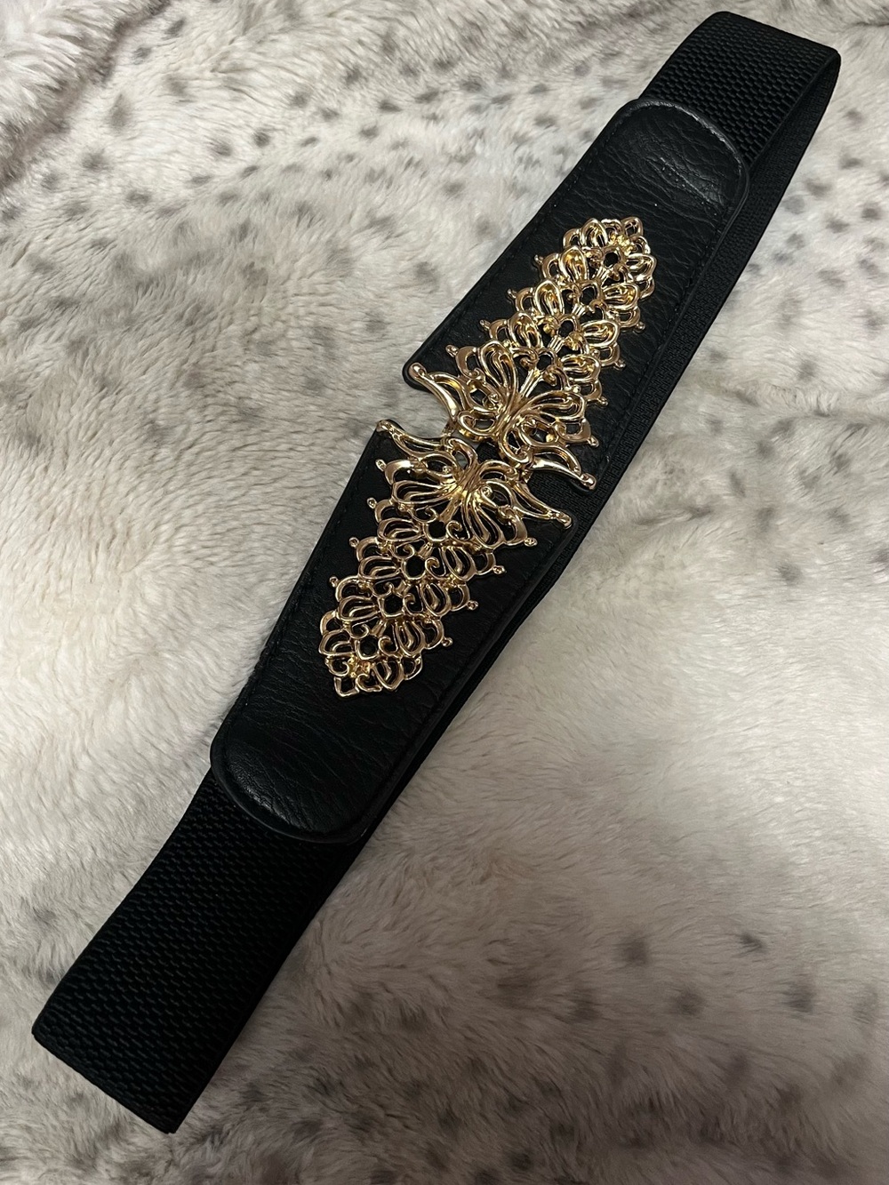 Vintage Black Elastic Waist Belt with Gold Filigree Centerpiece